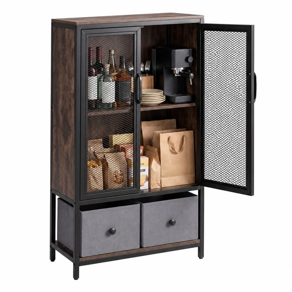 Furnibear Industrial Coffee Bar Cabinet with 2 Tier Open Shelves and 2 Cloth Drawers for Home Kitchen Coffee Station Storage, Rustic Brown