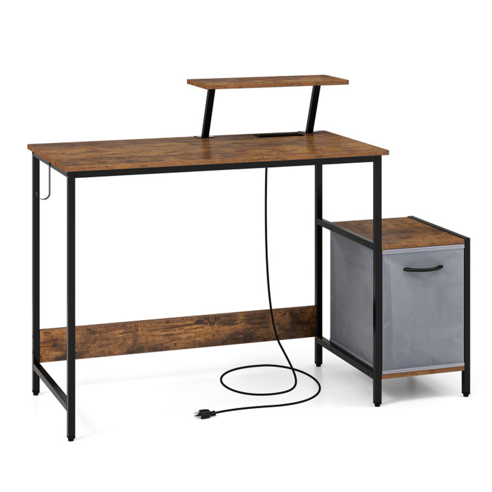 Furnibear Industrial Computer Desk with Reversible Fabric Storage Drawer, Moveable Shelf and USB Charging Station Brown