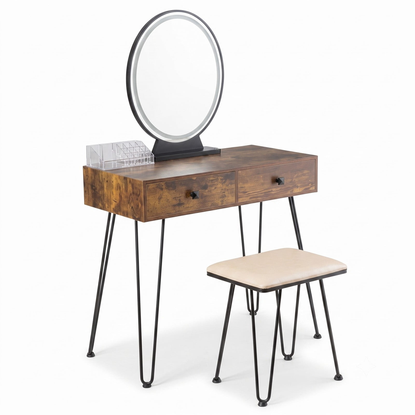 Furnibear Industrial Makeup Dressing Table with 3 Lighting Modes and Removable Mirror and Cushioned Stool for Bedroom, Rustic Brown