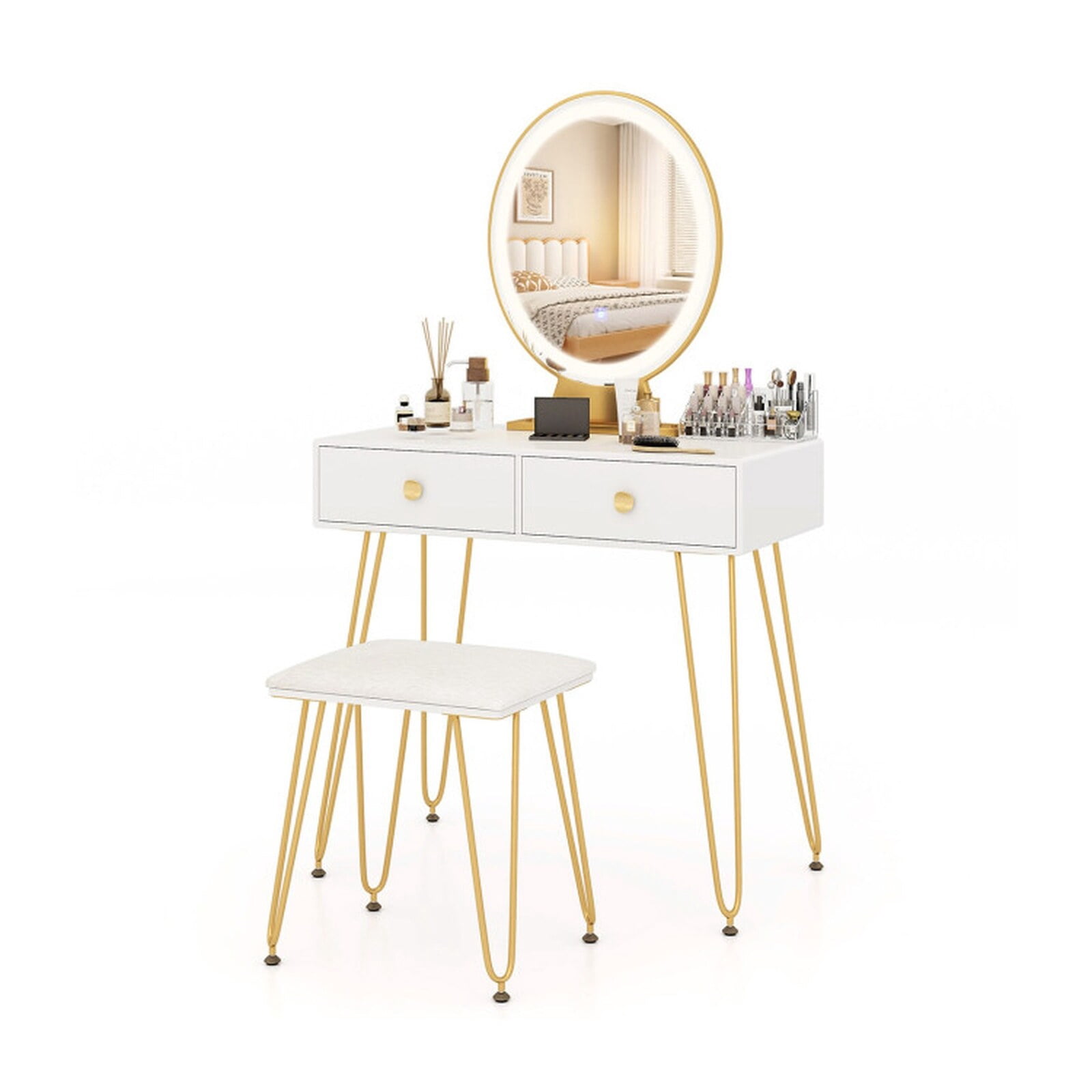 Furnibear Industrial Makeup Dressing Table with 3 Lighting Modes for Bedroom Makeup Dressing Room Vanity Desk Mirror Set, White