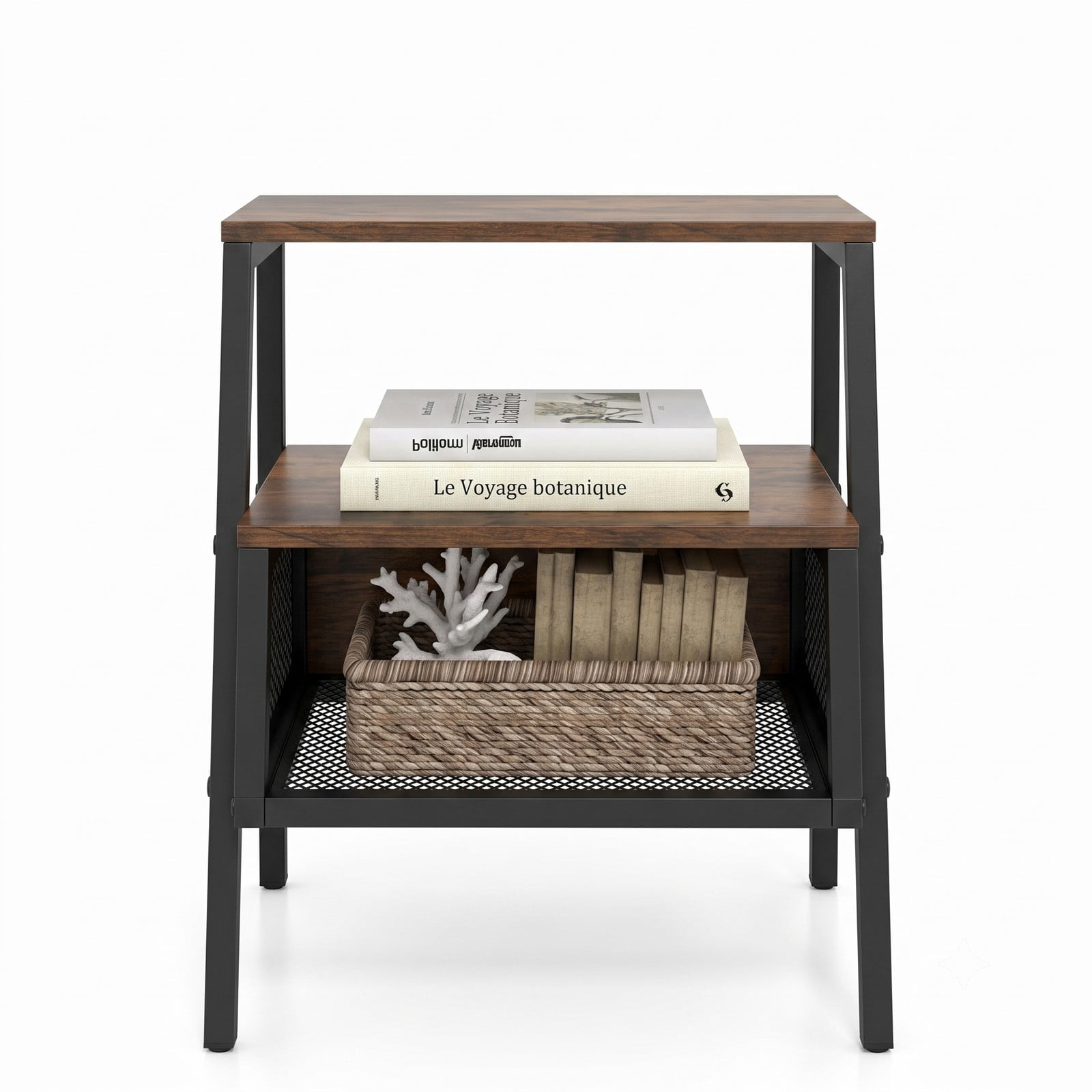 Furnibear Industrial Nightstand 3 Tier End Table with 2 Open Shelves and Metal Mesh Compartment for Bedroom, Rustic Brown