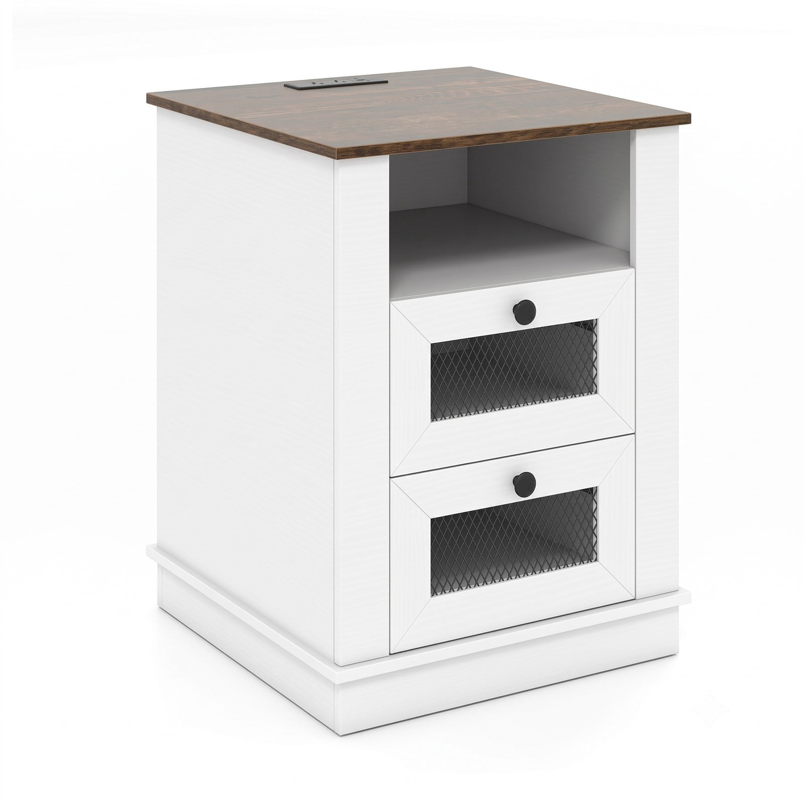 Furnibear Industrial Nightstand with Charging Station and 2 Drawers, Bedside Table with Metal Mesh Fronts and Open Compartment, Rustic Brown