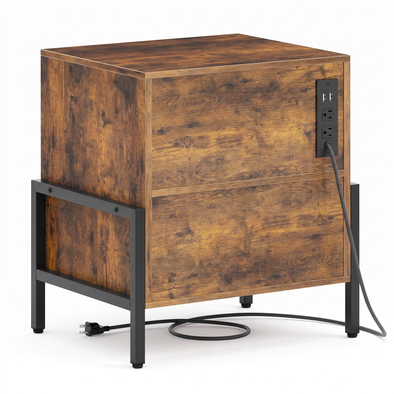 Furnibear Industrial Nightstand with Charging Station and Drawer, Sofa Side Table with Open Compartment and Metal Frame for Bedroom, Rustic Brown
