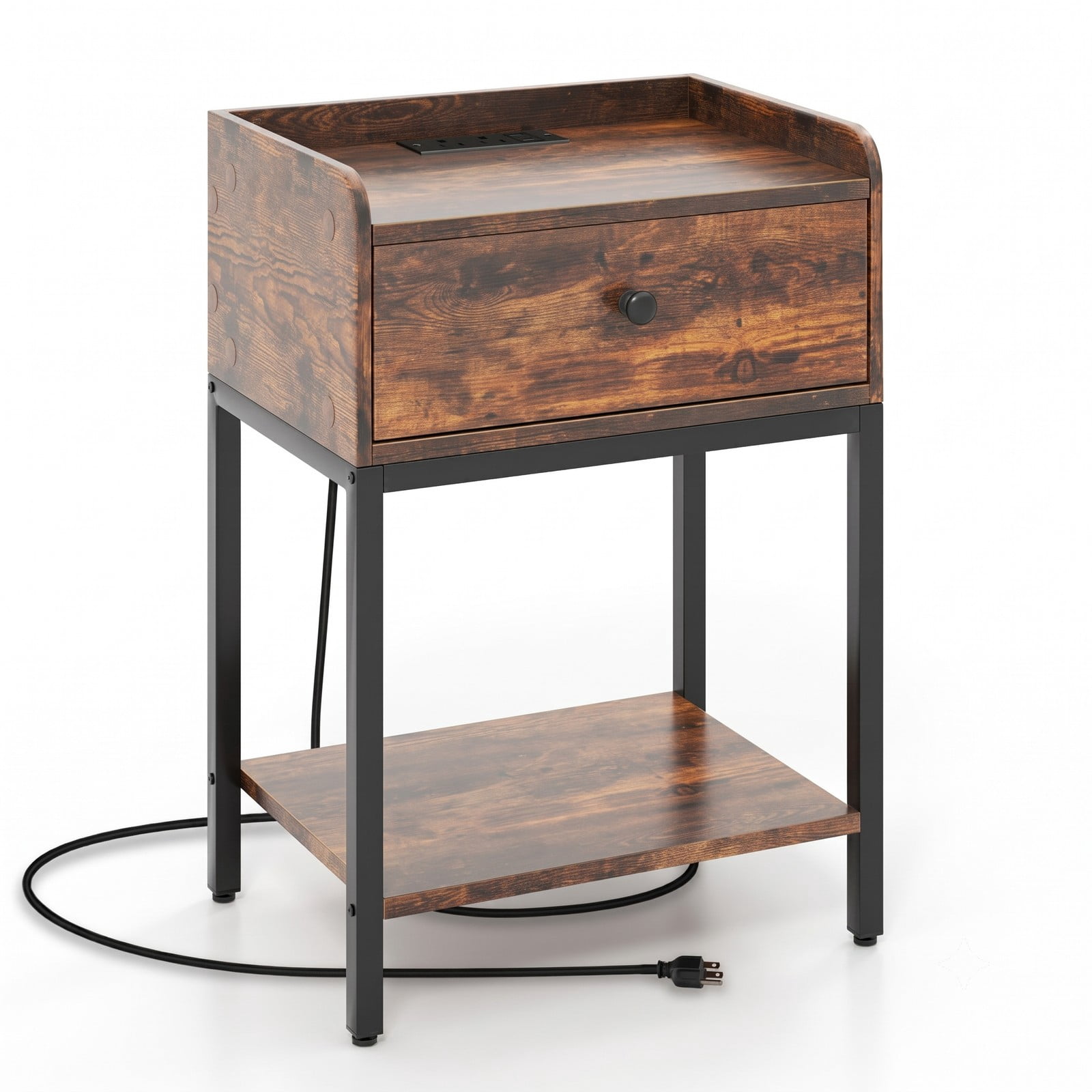 Furnibear Industrial Nightstand with Charging Station and Drawer for Convenient Bedside Storage in the Bedroom and Living Room, Rustic Brown