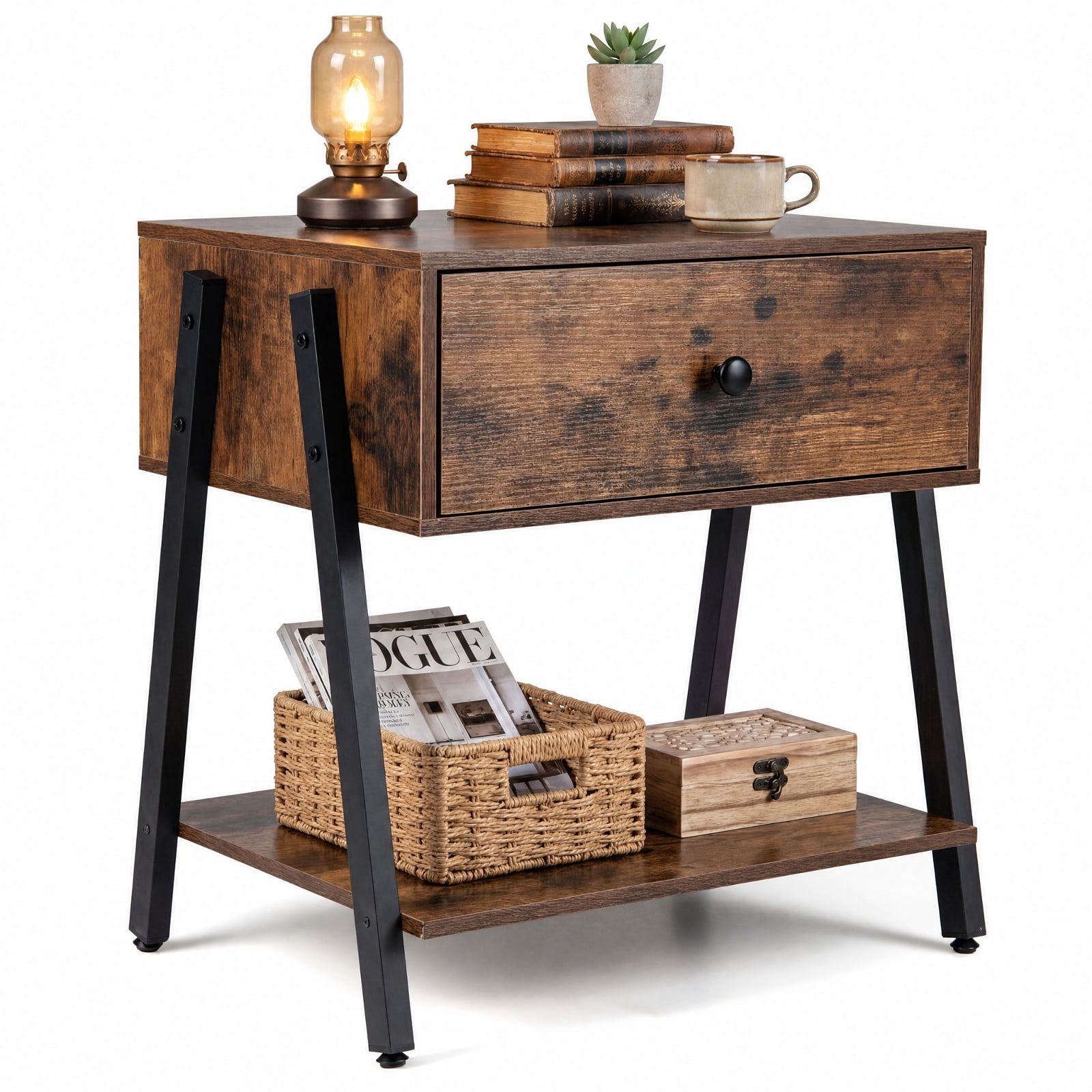 Furnibear Industrial Nightstand with Drawer and Adjustable Foot Pads for Bedroom for Bedroom Living Room Bedside Sofa Side Small Space, Rustic Brown