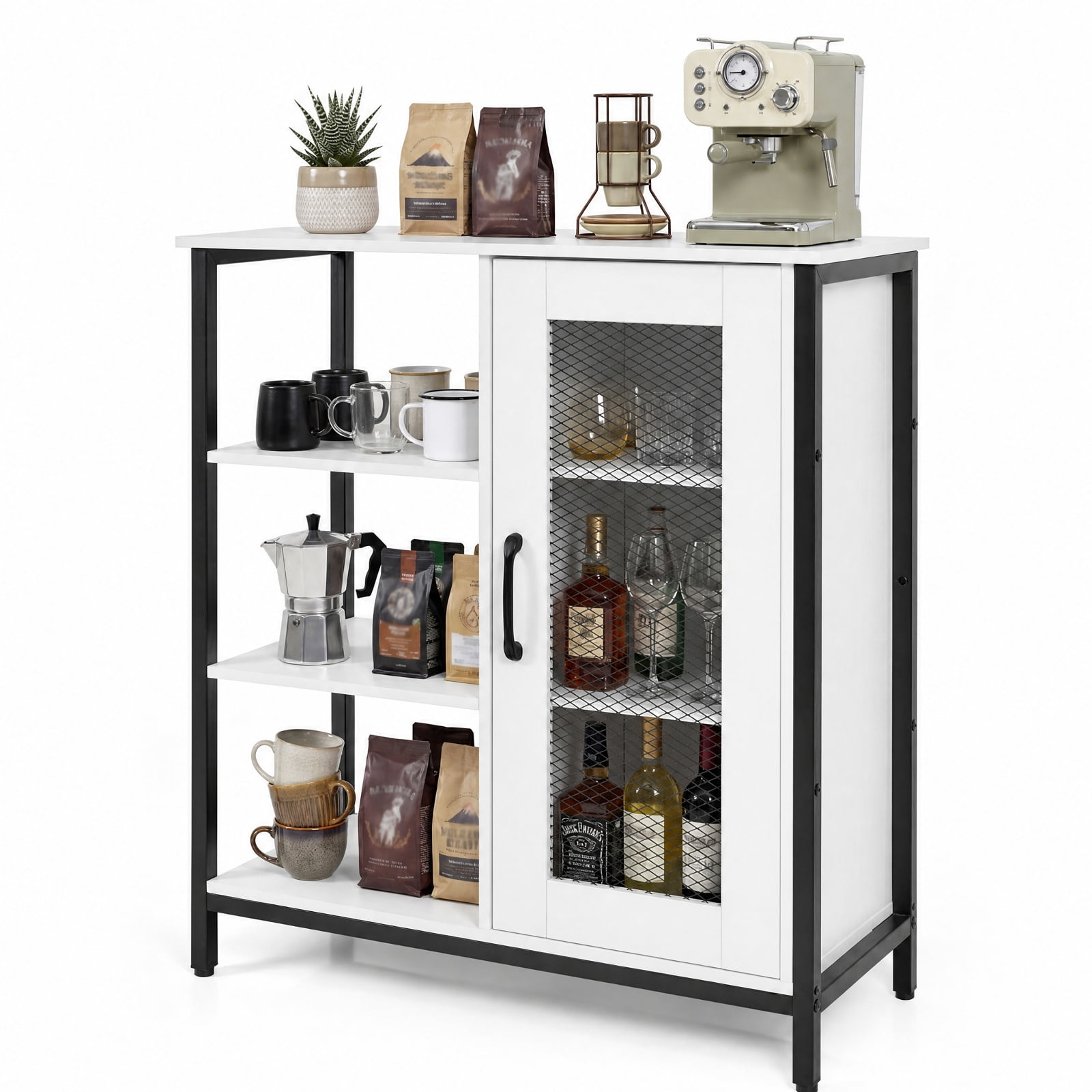 Furnibear Industrial Side Cabinet with Metal Mesh Door and 3 Open Shelves Narrow Buffet Sideboard Storage for Kitchen Dining and Living Room, White