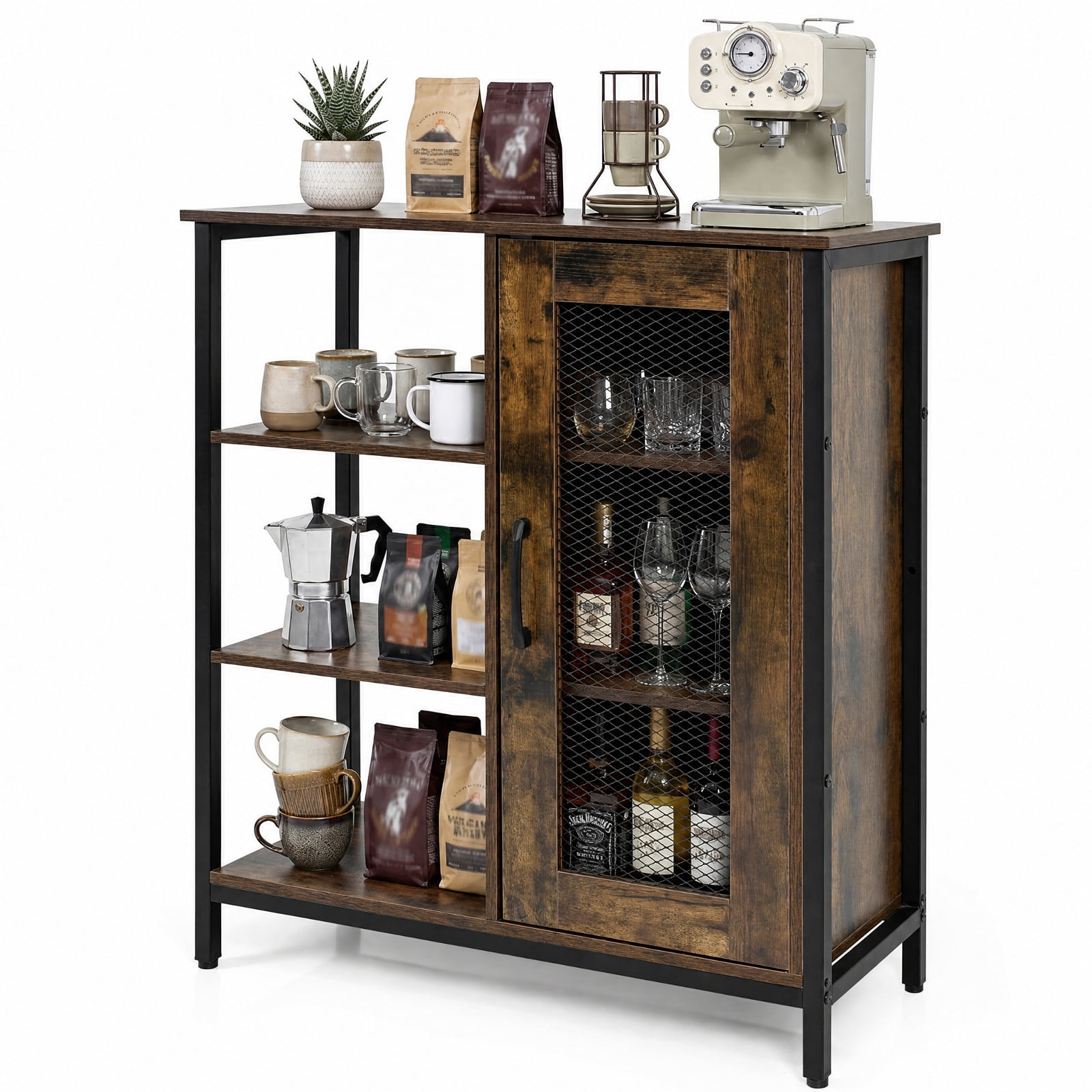 Furnibear Industrial Side Cabinet with Metal Mesh Door and 3 Open Shelves Narrow Storage Buffet Sideboard for Kitchen and Living Room, Rustic Brown