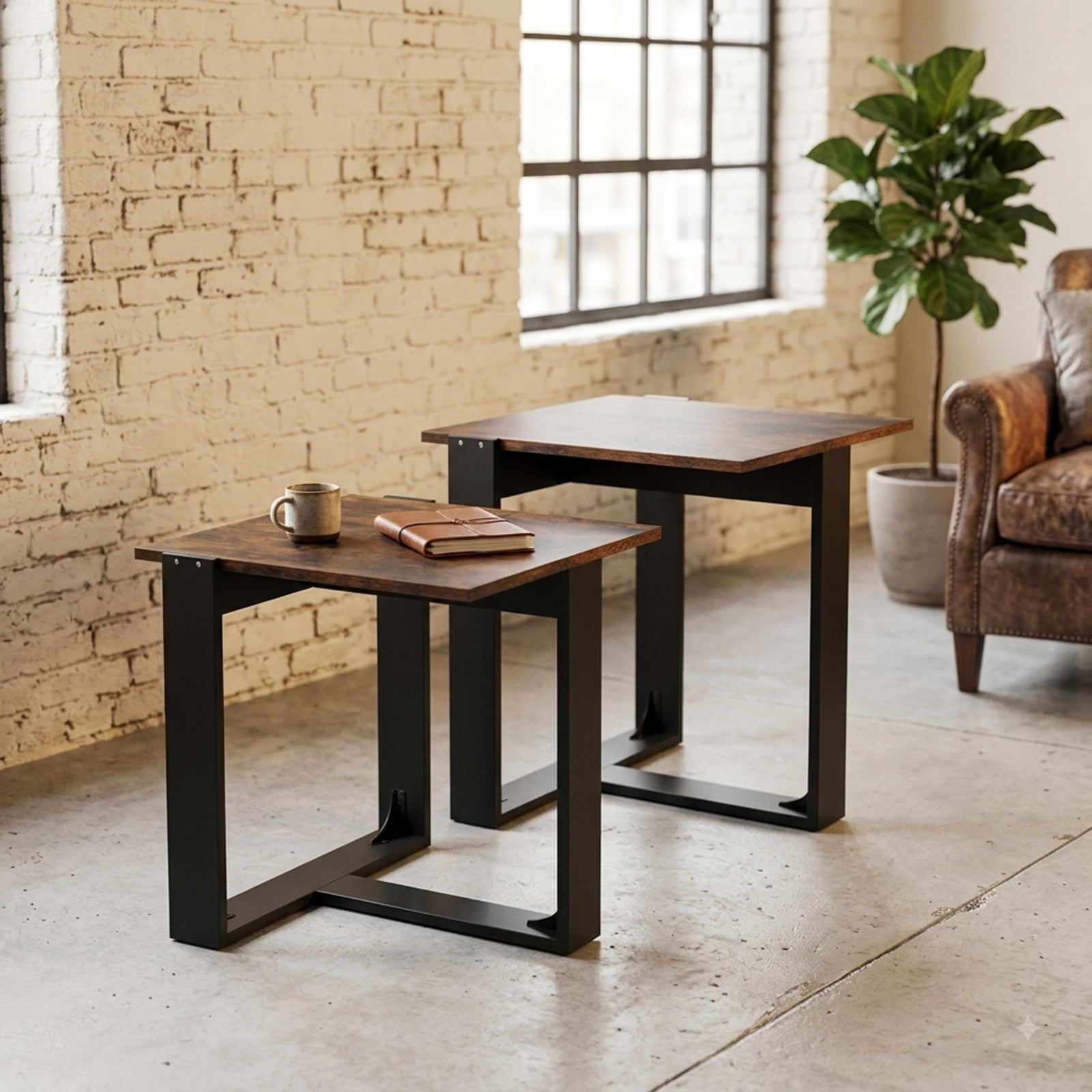 Furnibear Industrial Sofa End Table Set of 2 with Sturdy Metal Frame and T Shaped Base for Living Room Bedroom and Study, Rustic Brown