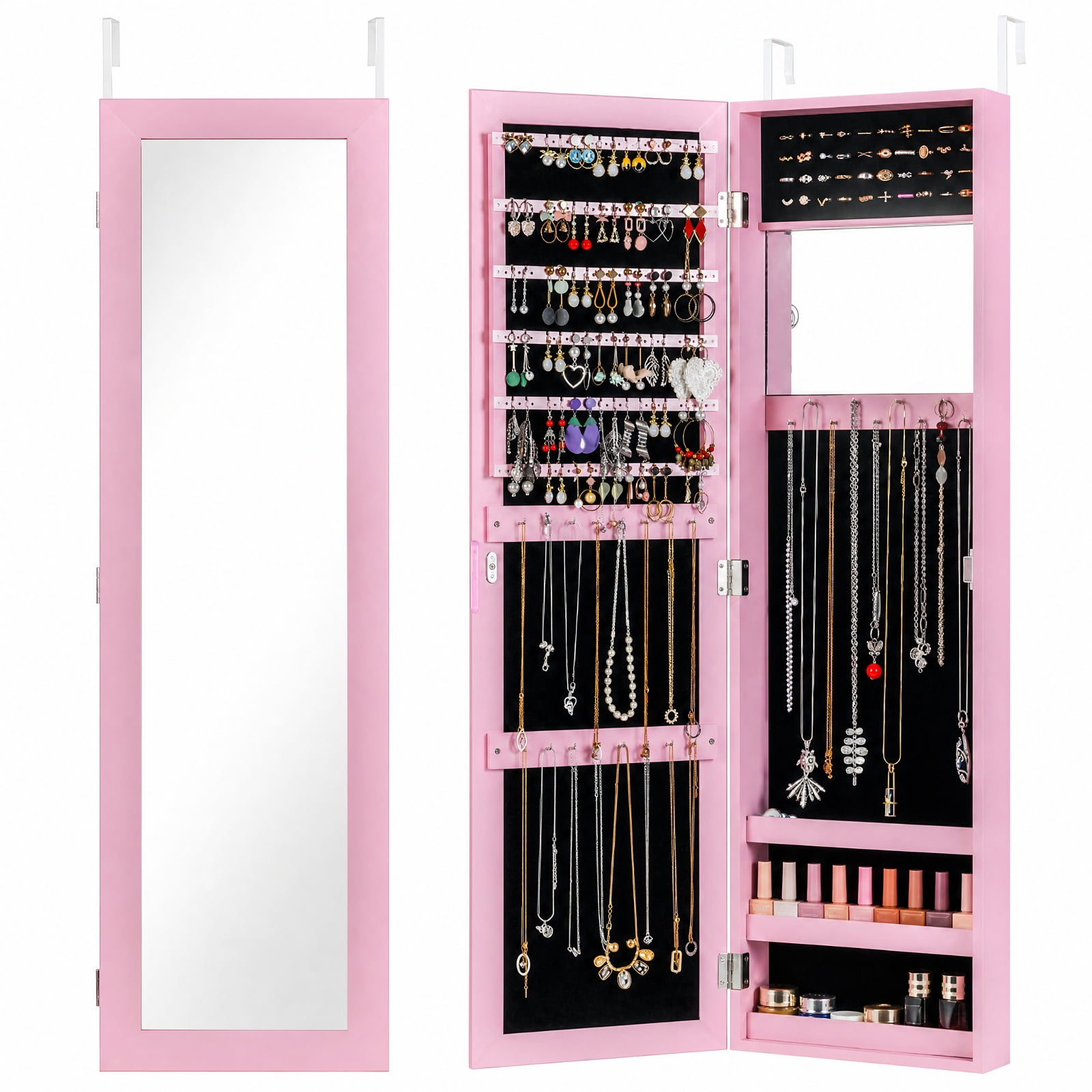 Furnibear Jewelry Cabinet Wall or Door Mounted Jewelry Armoire Modern Hanging Jewelry Organizer for Bedroom Dressing Room Jewelry Necklace, Pink