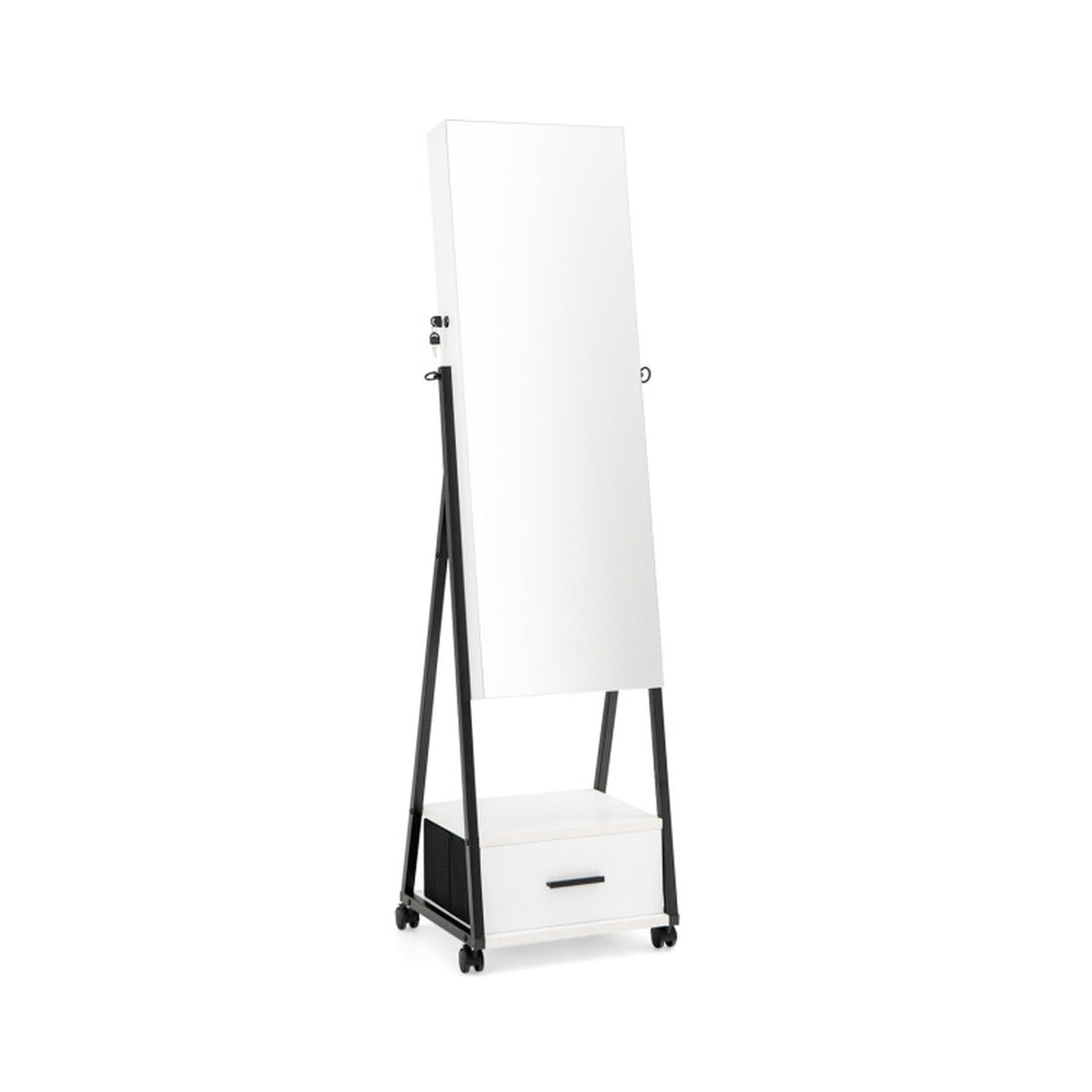 Furnibear Jewelry Cabinet with Full Length Mirror for Bedroom Dressing Room Standing Storage Cabinet with Mirror, White
