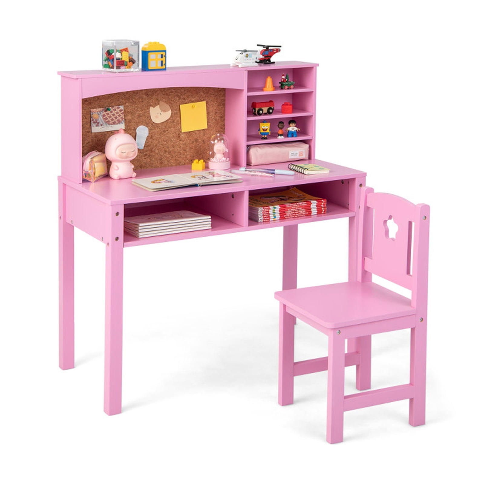 Furnibear Kids Desk and Chair Set with Hutch and Bulletin Board, Children Study Desk and Chair with Storage, Kids Writing Desk, Pink