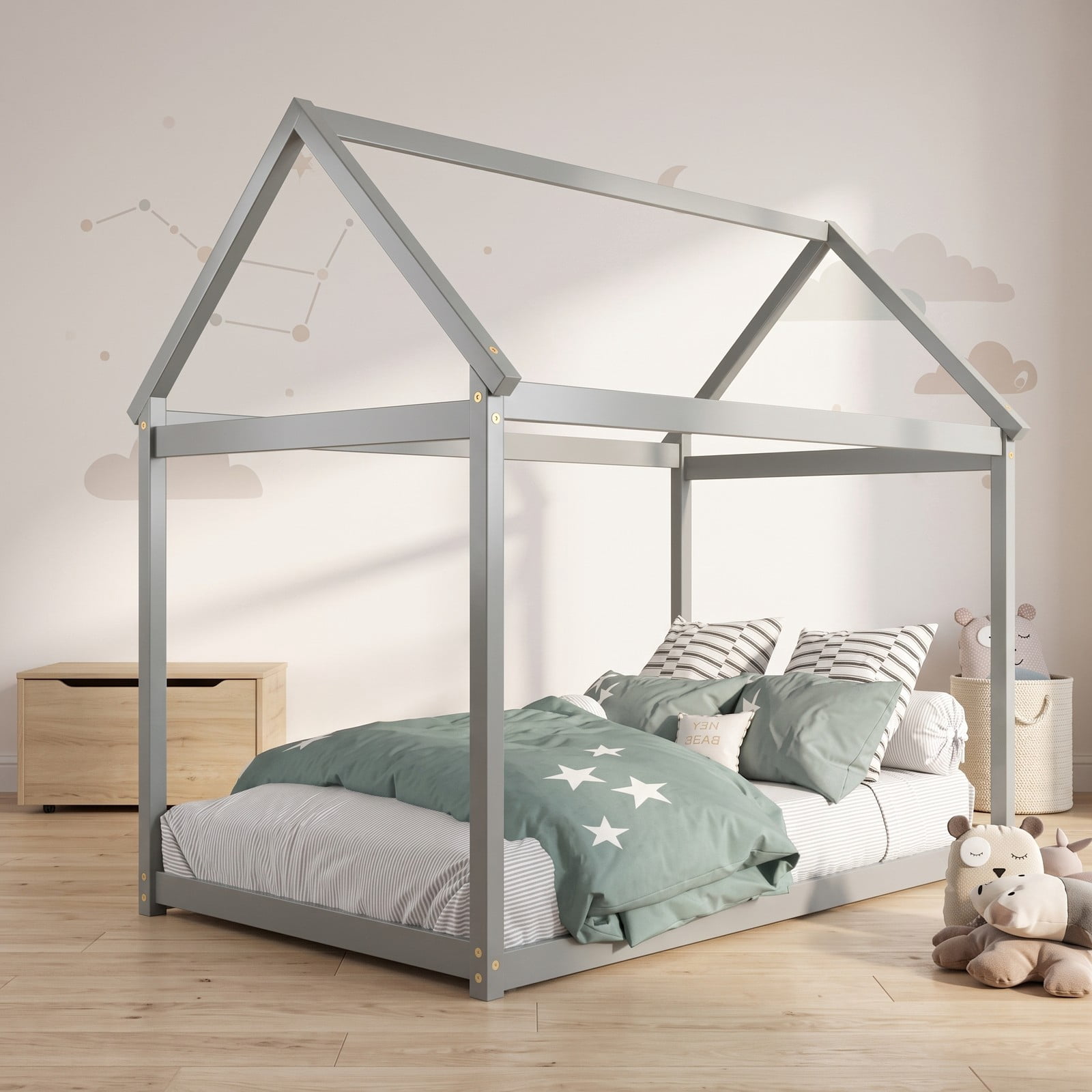 Furnibear Kids House Floor Bed Frame with Roof and Heavy-Duty Slats for Boys and Girls Bedroom with Montessori Design, Gray