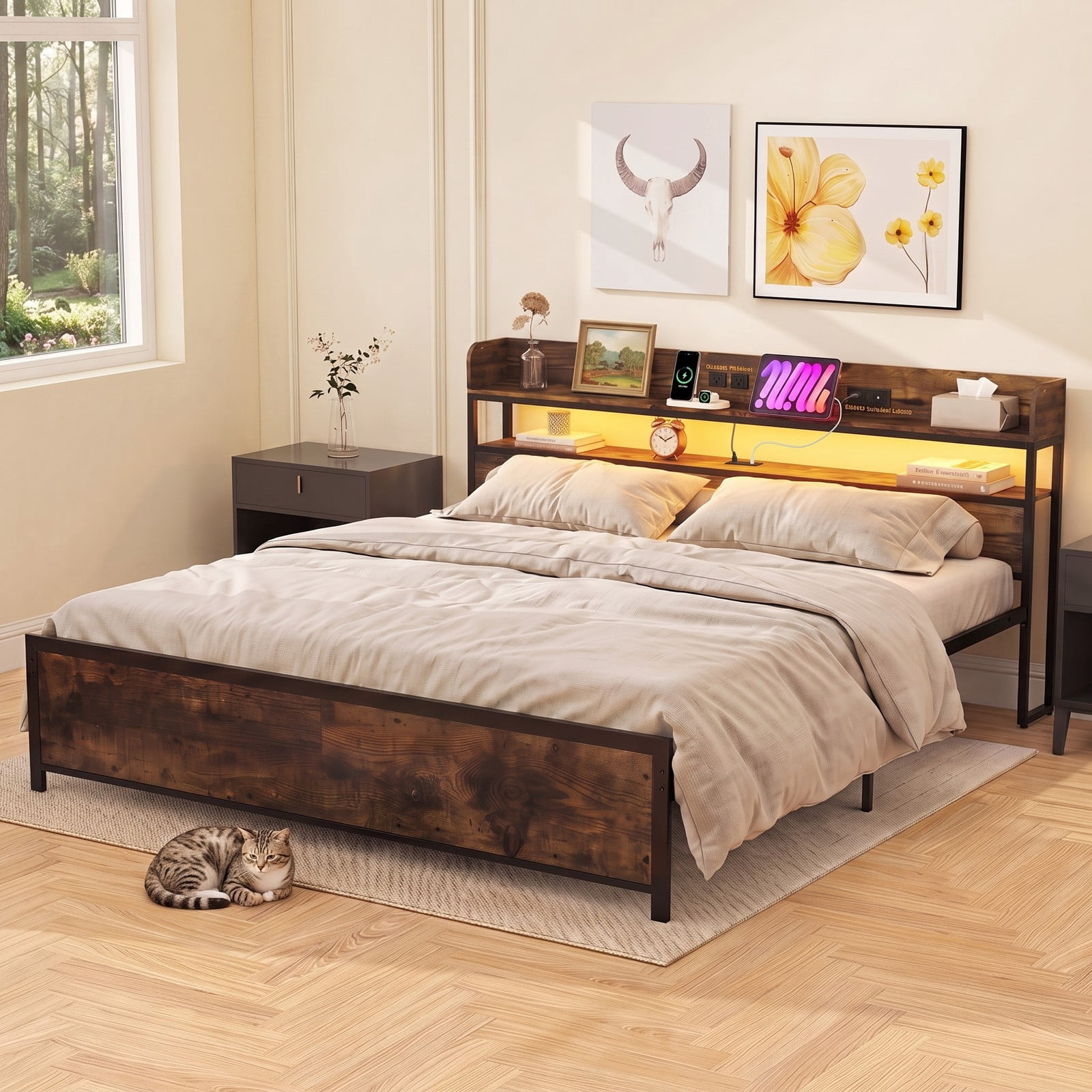 Furnibear King Size Bed Frame with Storage Headboard, LED Platform Bed Frame with Power Outlets and USB Ports, No Box Spring Needed, Rustic Brown