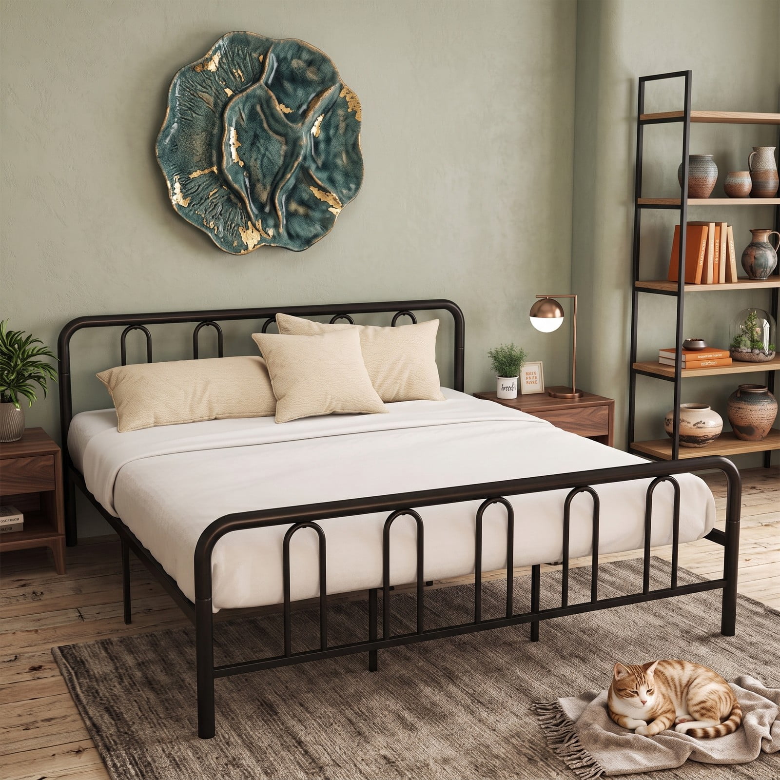 Furnibear King Size Bed Frame with Storage, Metal Platform Bed with Arched Headboard and Footboard, No Box Spring Needed, Black