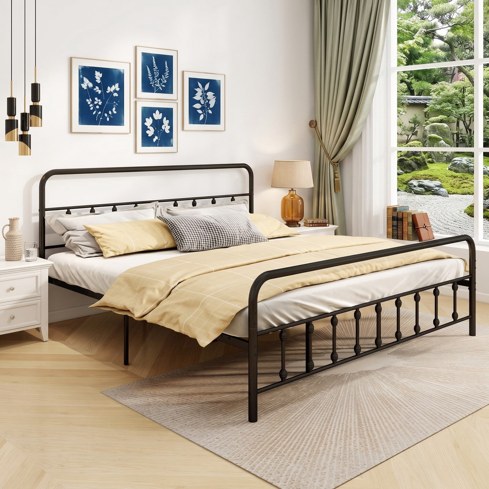 Furnibear King Size Bed Frame with Storage, Metal Platform Bed Frame with Vintage Spindle Headboard and Footboard, No Box Spring, Black