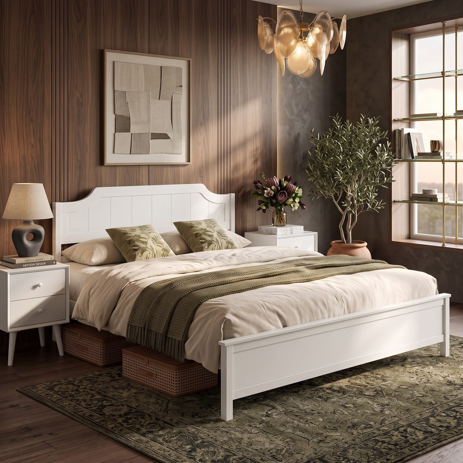 Furnibear King Size Bed Frame, Solid Wood Platform Bed Frame with Curved Headboard and Footboard, King Bed Frame with Headboard No Box Spring, White