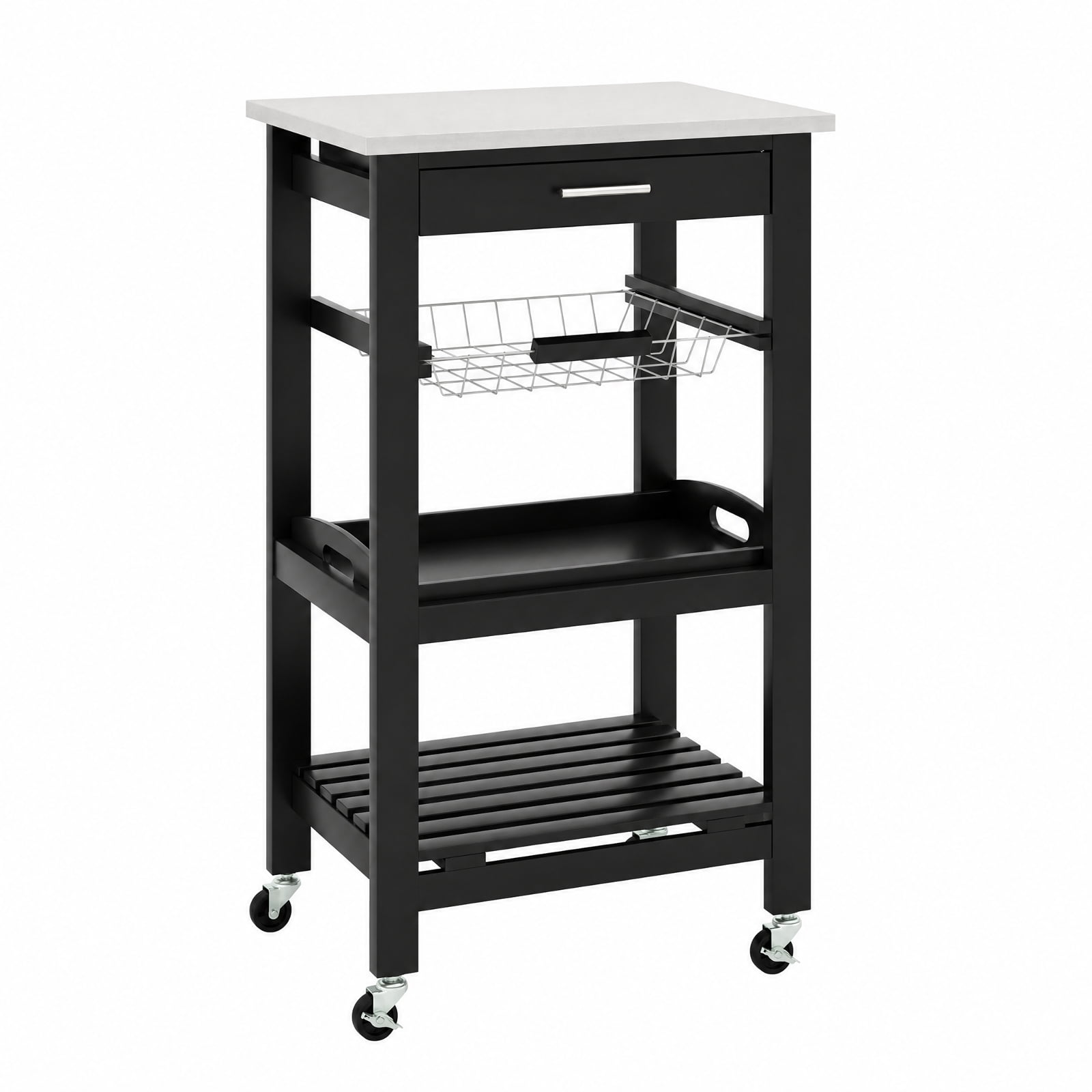 Furnibear Kitchen Island Cart on Wheels with Stainless Steel Tabletop Storage Drawer Wire Basket and Bottom Shelf for Small Kitchens, Black