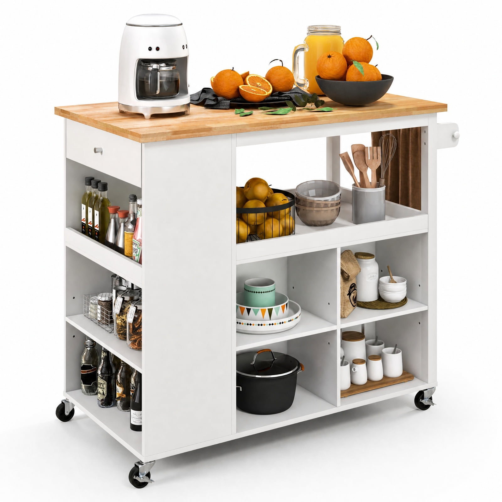 Furnibear Kitchen Island Trolley Cart on Wheels with Rubber Wood Countertop Open Shelves Spice Rack and Storage Drawer for Dining Rooms, White