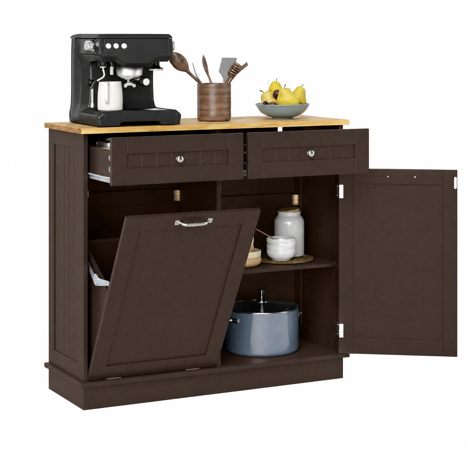 Furnibear Kitchen Tilt Out Trash Cabinet with 2 Drawers Wood Top and Adjustable Shelf Hidden Storage for Kitchen and Dining Room, Rustic Brown