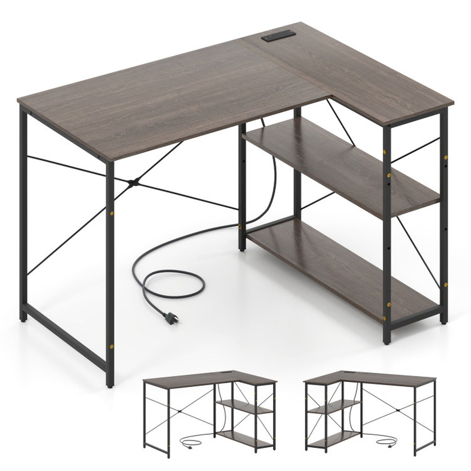Furnibear L Shaped 47 Inch Reversible Corner Desk with Charging Station USB Type-C Adjustable Storage Shelves Metal Frame Gray