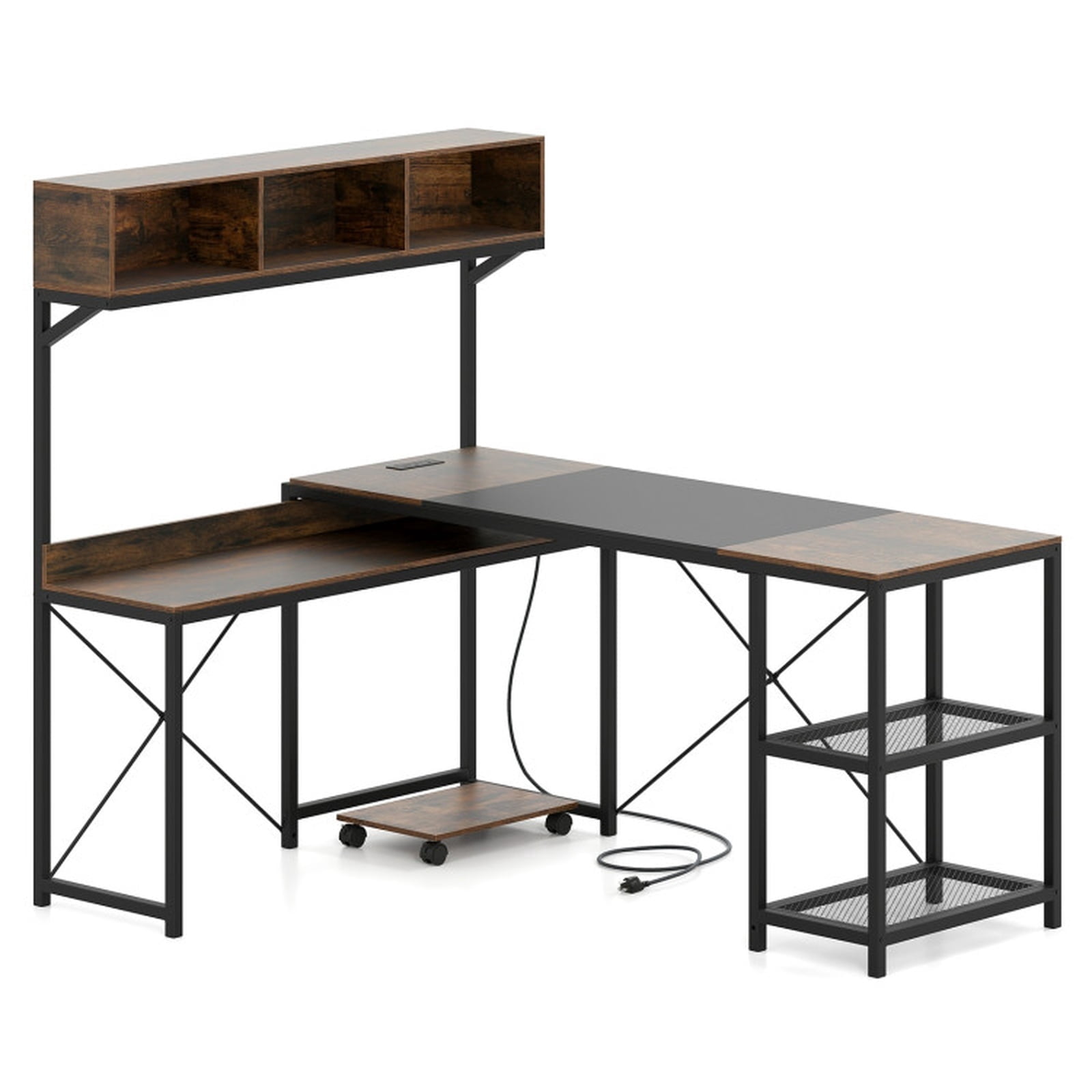 Furnibear L-Shaped Computer Desk with Power Outlets 62 Inches Corner with Storage Hutch Writing Workstation Home Office for Bedroom Study, Brown