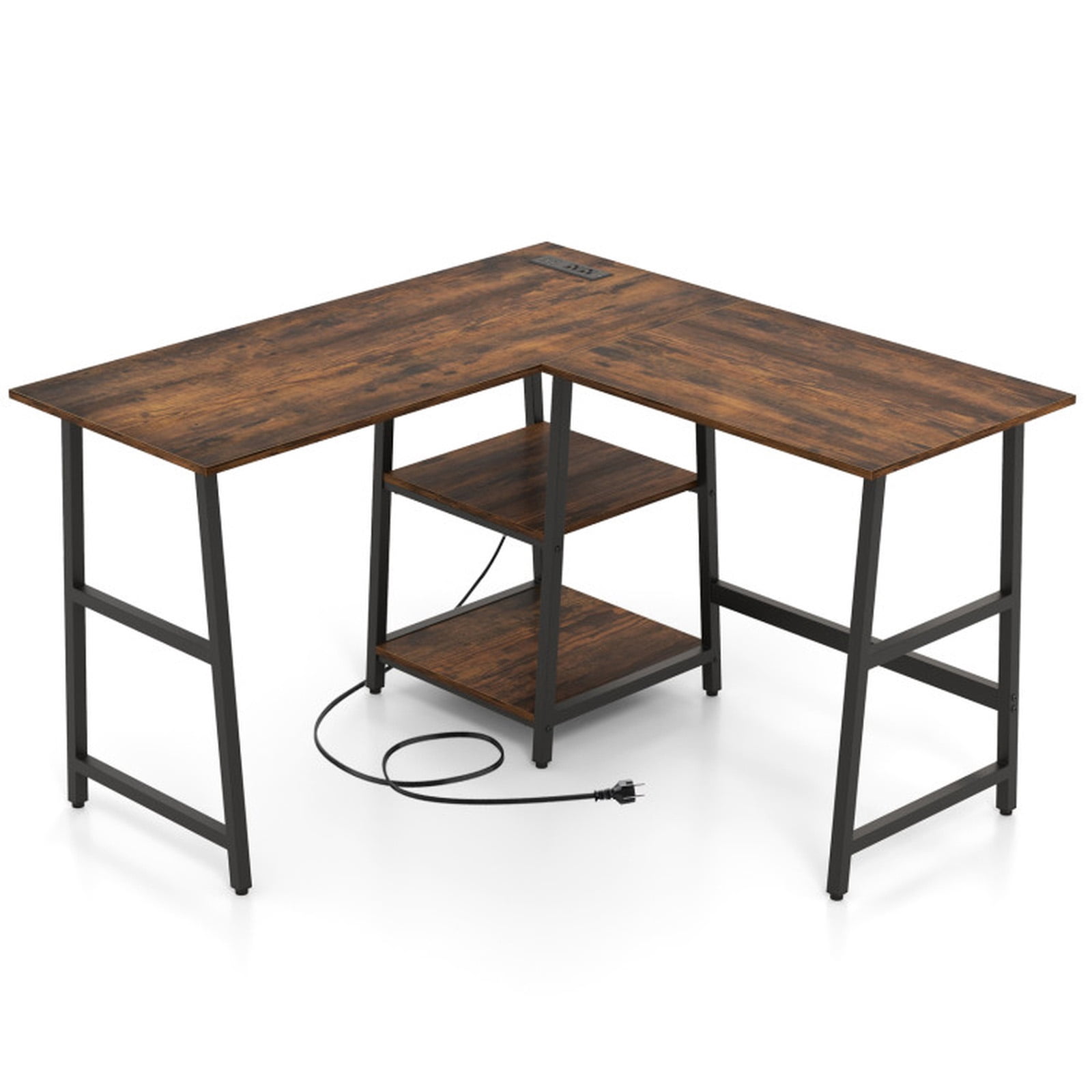 Furnibear L Shaped Corner Computer Desk with 2 Tier Storage Shelves Heavy Duty Steel Frame Waterproof Engineered Wood Brown