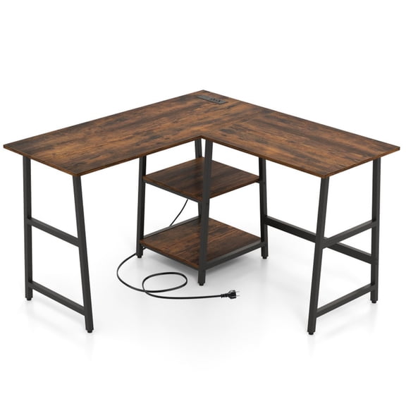 Furnibear L Shaped Corner Computer Desk with 2 Tier Storage Shelves Heavy Duty Steel Frame Waterproof Engineered Wood Brown