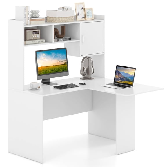 Furnibear L-Shaped Corner Computer Desk with Open Storage Hutch Cabinet Anti-Slip Foot Pads and Smooth Edge Protection in White