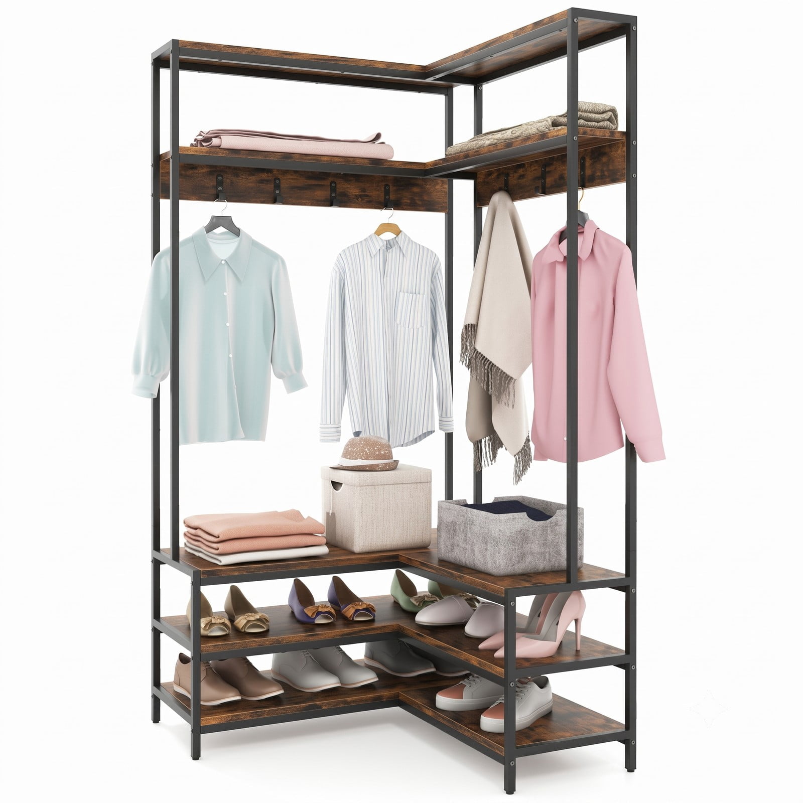 Furnibear L-Shaped Corner Garment Rack with Open Shelves 7 Hooks and Shoe Bench for Bedroom and Entryway Storage, Rustic Brown