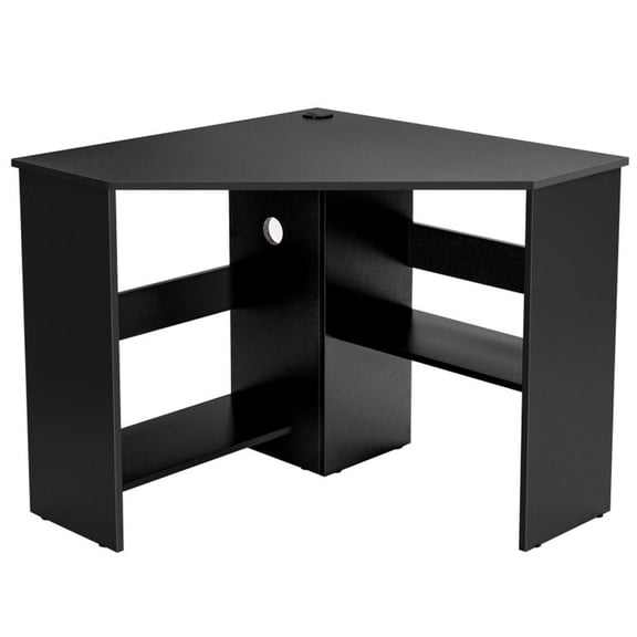 Furnibear L Shaped Desk Corner Computer Desk Triangle Writing Workstation with Storage Shelf, Dark
