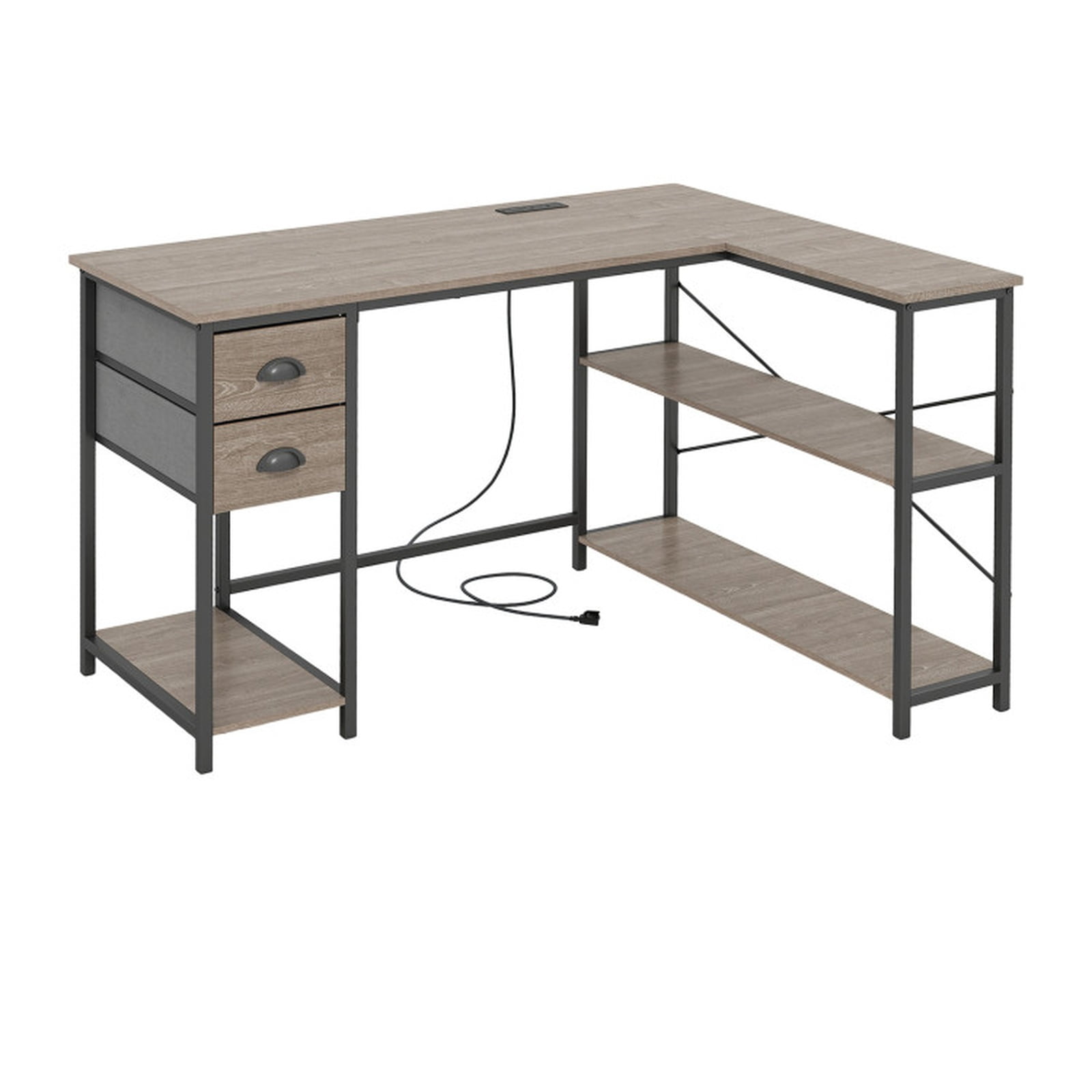 Furnibear L Shaped Desk with Charging Station, Corner Computer Desk with 2 Fabric Drawers and Open Shelves for Home Office Study Gaming, Oak