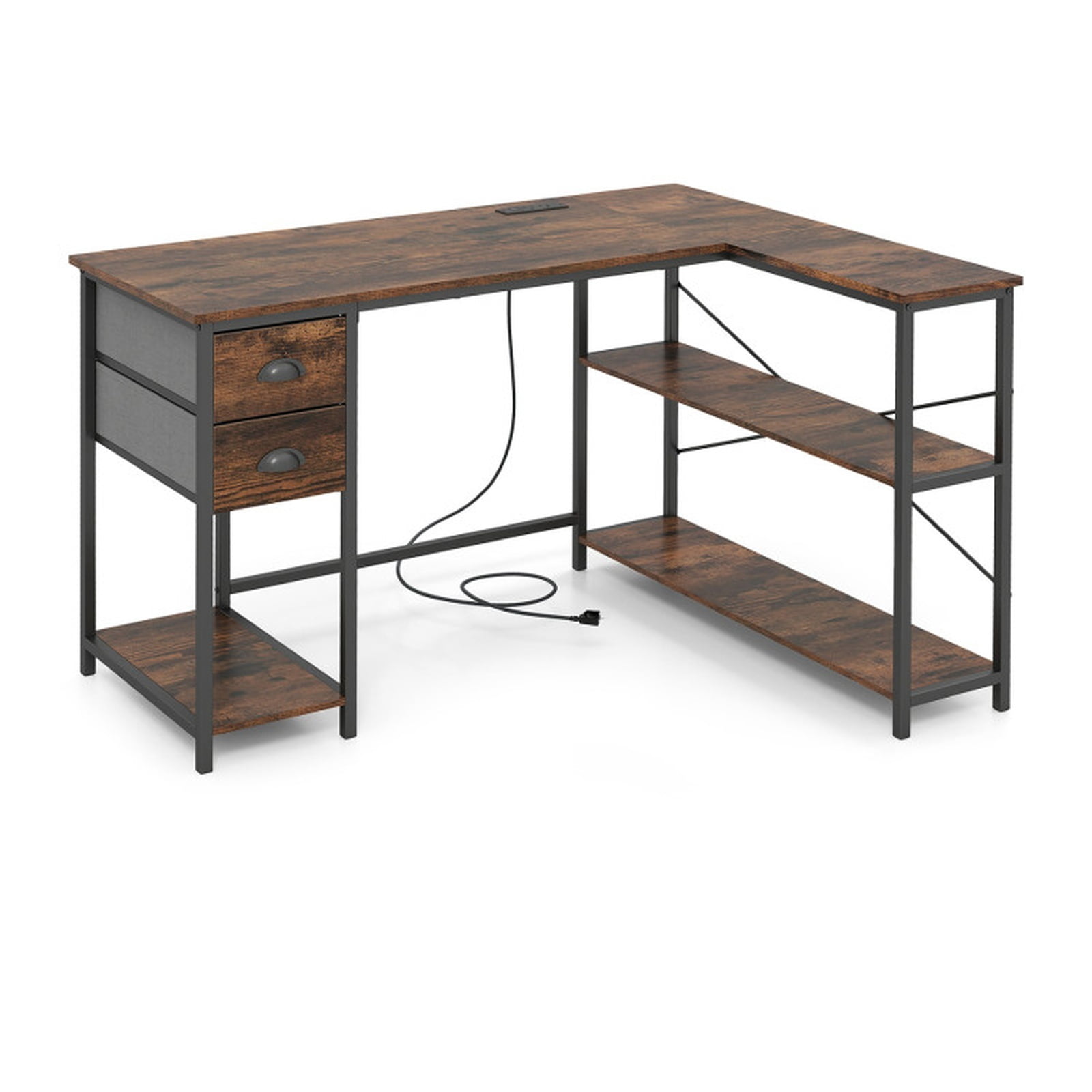 Furnibear L Shaped Desk with Charging Station, Corner Computer Desk with 2 Fabric Drawers Open Shelves and Metal Frame for Home Office, Rustic Brown