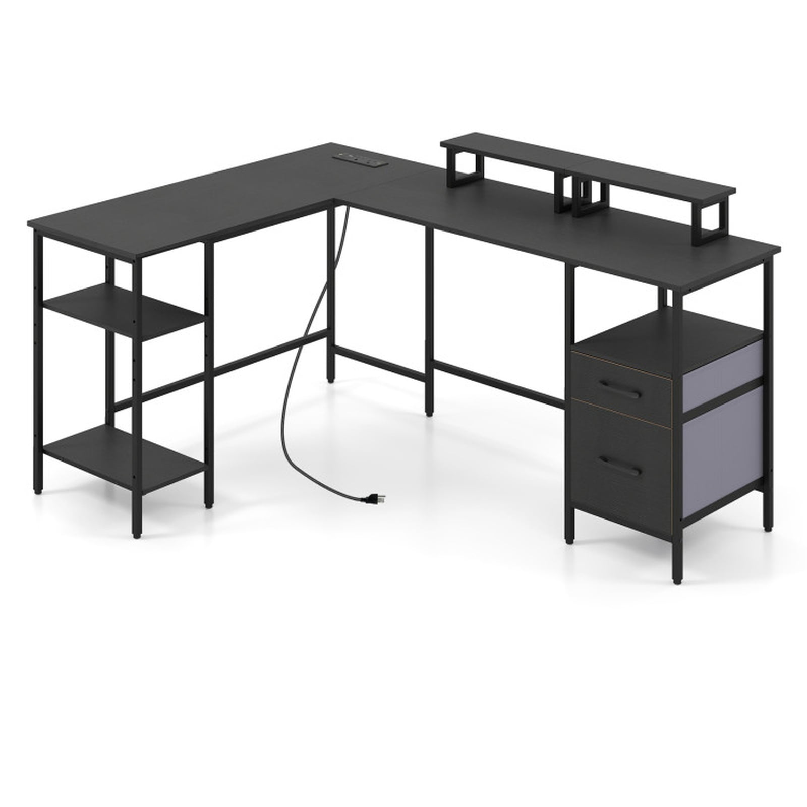 Furnibear L Shaped Desk with Power Outlet, Reversible Corner Computer Desk with Monitor Stands and 2 Drawers for Home Office Gaming, Rustic Brown