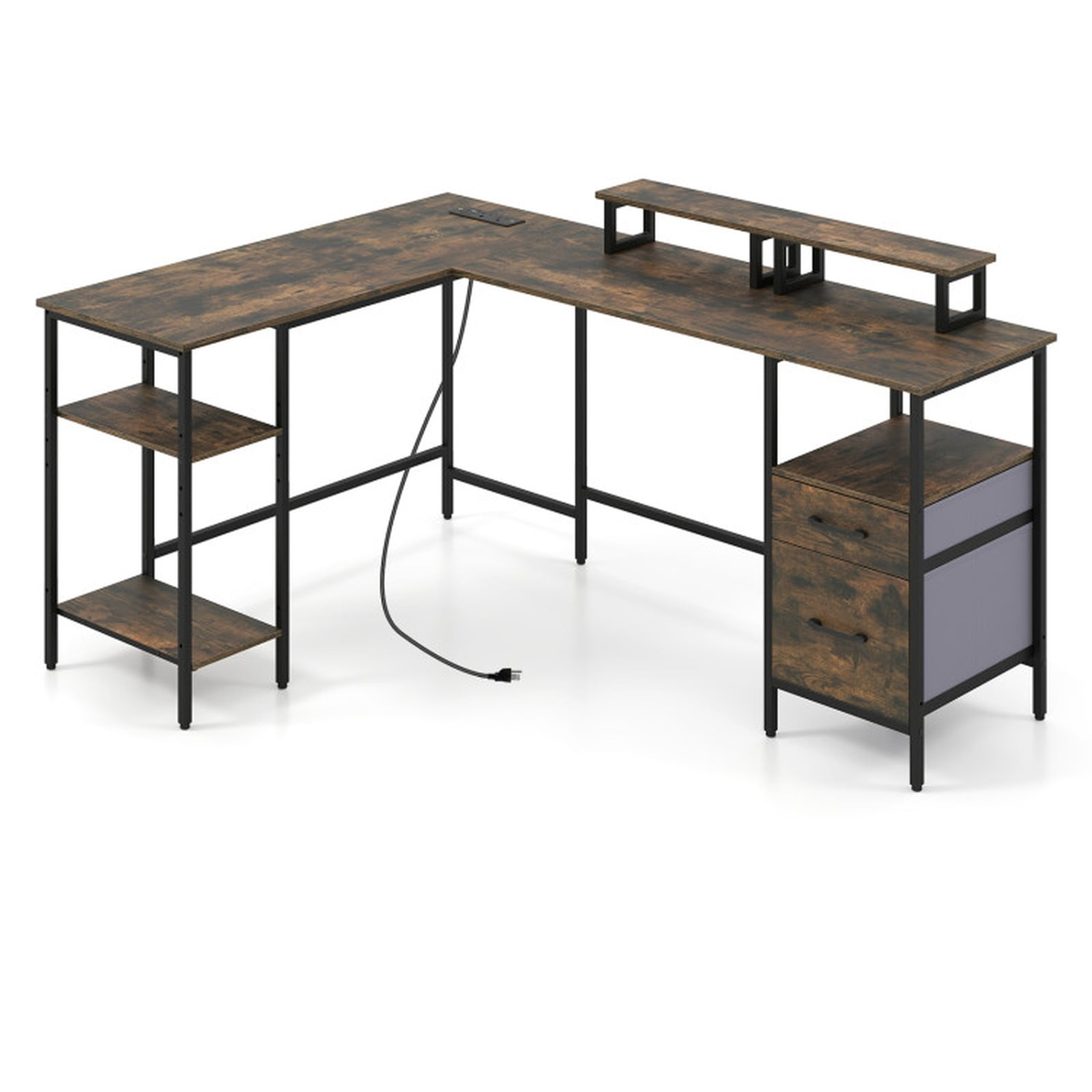Furnibear L Shaped Desk Reversible Computer Desk with Power Outlet Monitor Stand and Fabric Drawers for Home Office Corner Workstation, Rustic Brown