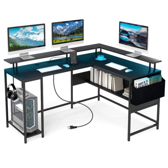 Furnibear L-Shaped Gaming Desk with RGB LED Lights, 4 Power Outlets, USB Ports, Monitor Stand and CPU Stand Black