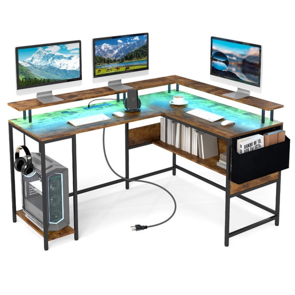 Furnibear L-Shaped Gaming Desk with RGB LED Lights, Power Outlets, Monitor Stand and CPU Stand, Rustic Brown