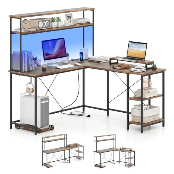 Furnibear L-Shaped Reversible Gaming Desk with LED Strip, Power Outlets, Hutch and Monitor Stand, Rustic Brown