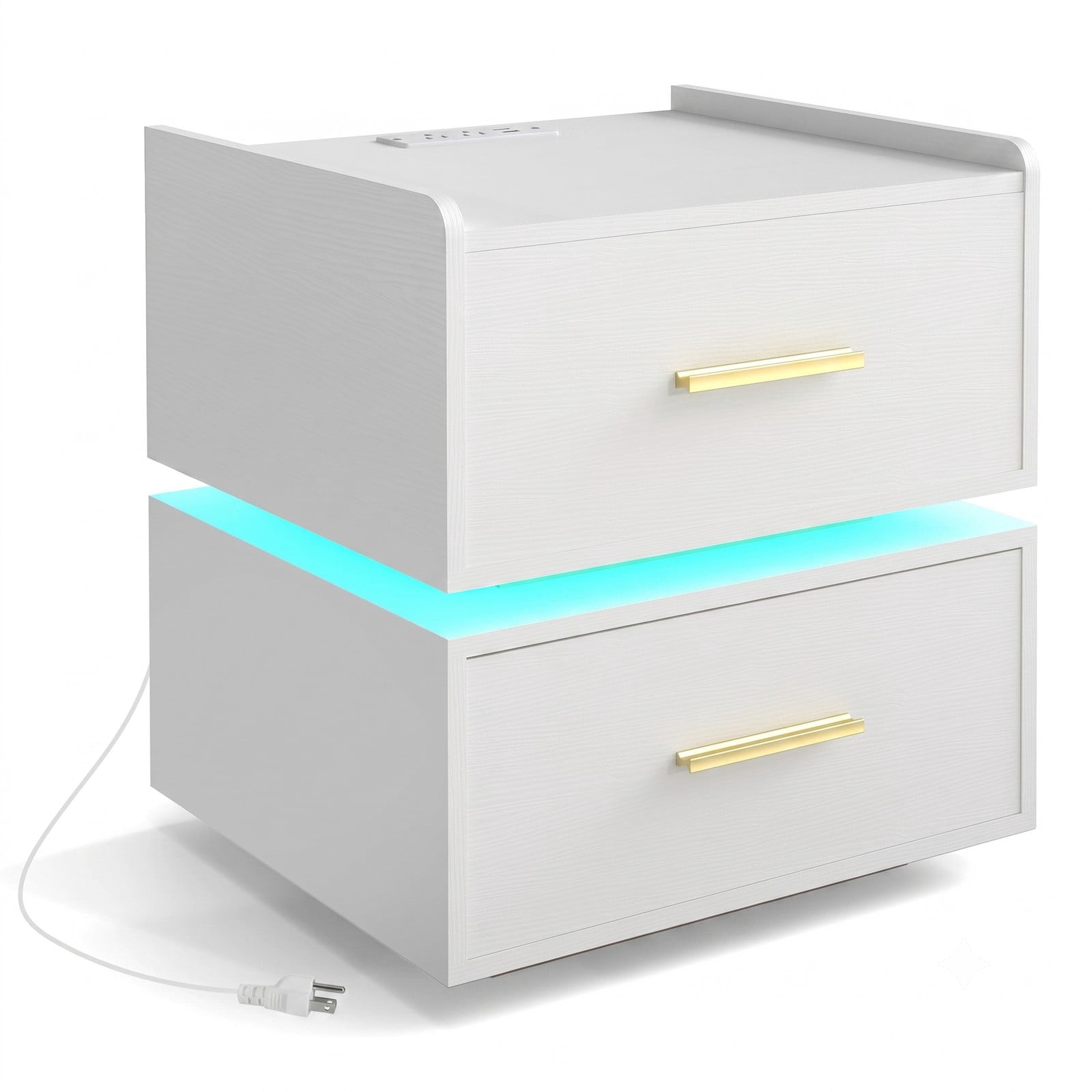 Furnibear LED Nightstand with Charging Station and 2 Storage Drawers, RGB Bedside Table with Semi-floating Design for Bedroom, White