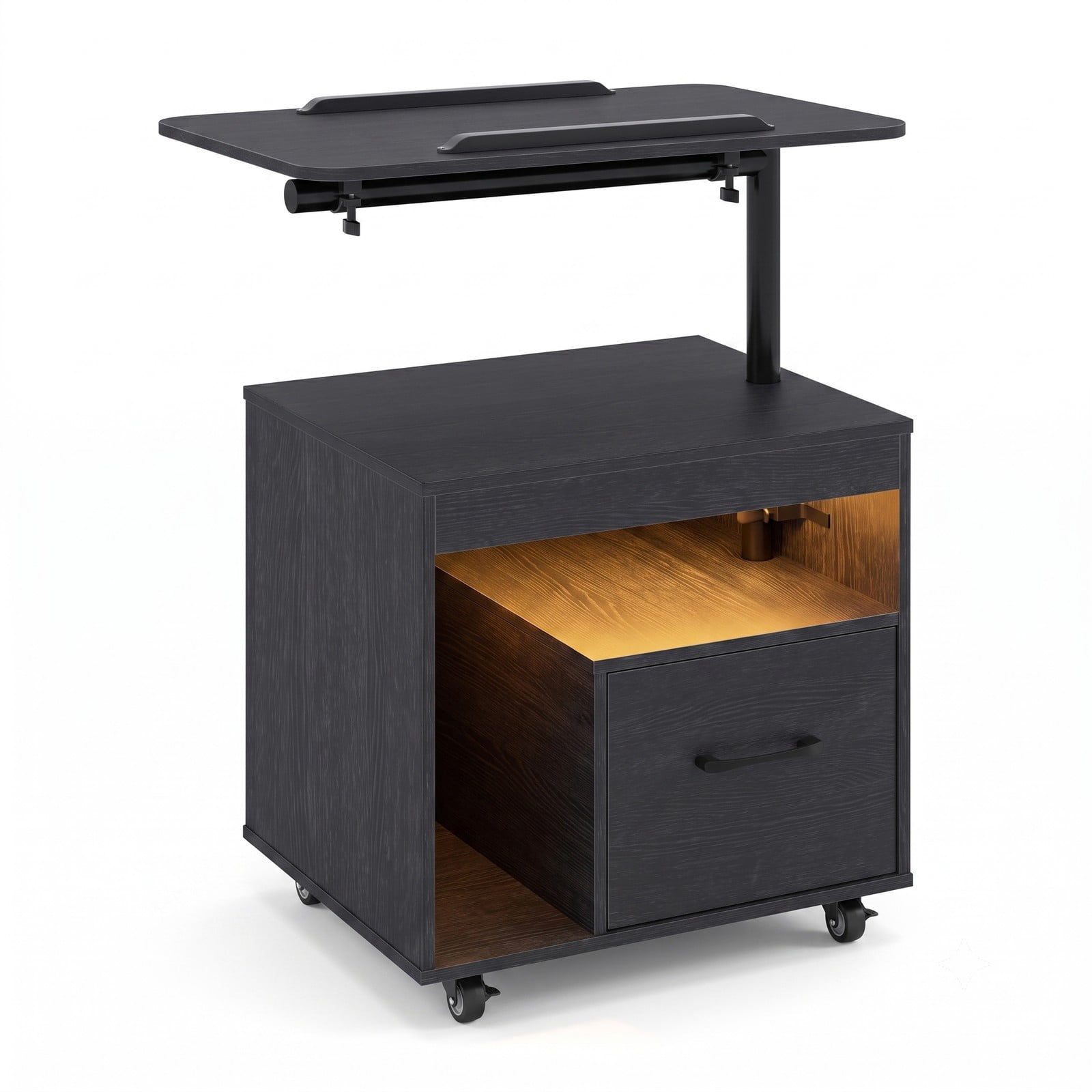 Furnibear LED Nightstand with Charging Station and Flip over Rotatable Tabletop and Drawer for Bedroom and Living Room, Modern Bedside Table, Black