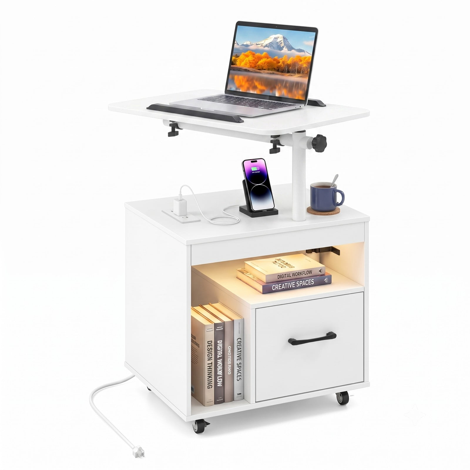 Furnibear LED Nightstand with Charging Station and Flip over Rotatable Tabletop and Drawer for Bedroom and Living Room, Modern Bedside Table, White