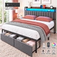 thumbnail image 1 of Furnibear LED Queen Bed Frame with Upholstered Storage Headboard and Drawers, LED Platform Bed with Charging Station, No Box Spring Needed, 1 of 10