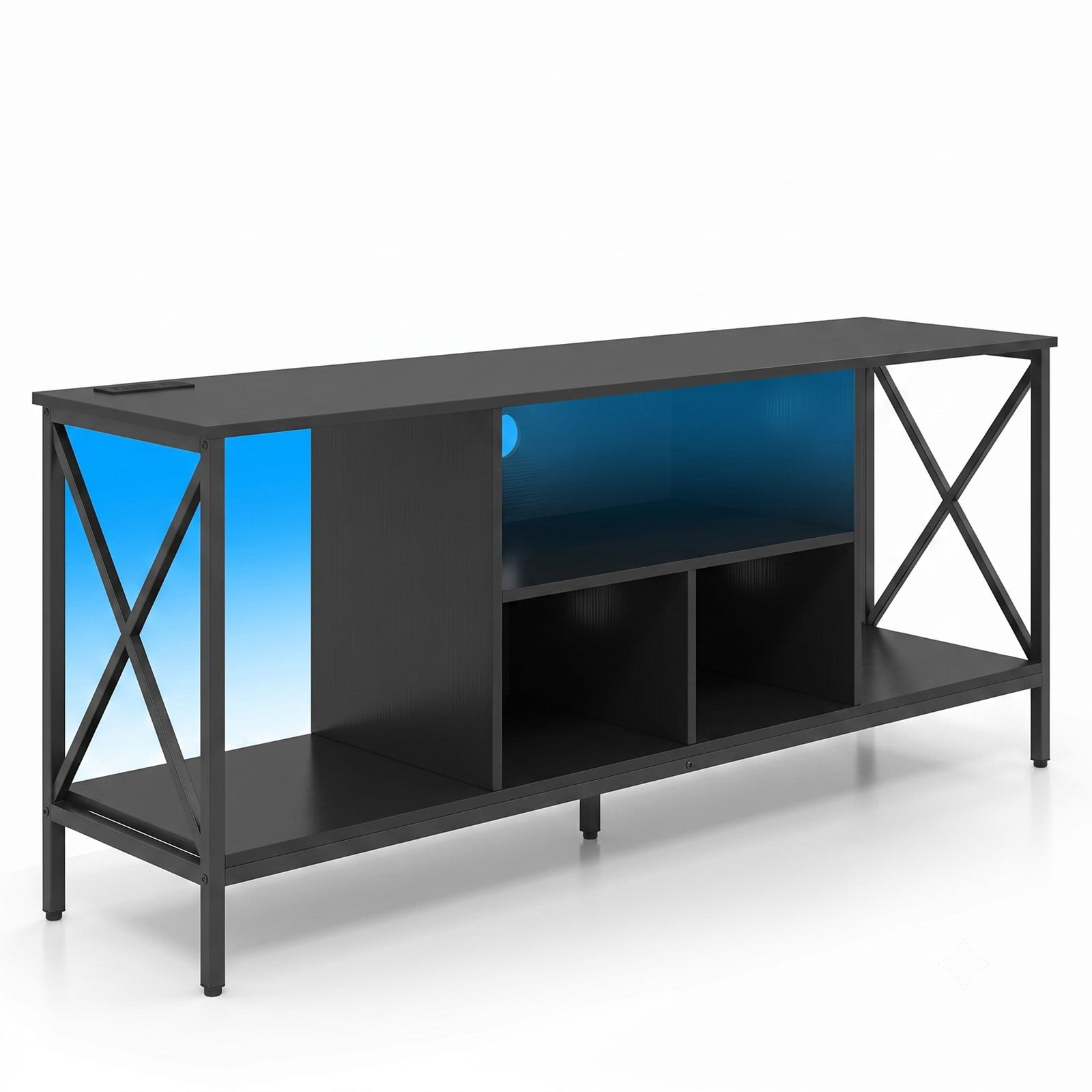 Furnibear LED TV Stand for 65 Inch TV, Entertainment Center with Power Outlets and USB Charging, Modern Media Console with 5 Open Shelves and X-Frame for Living, Black