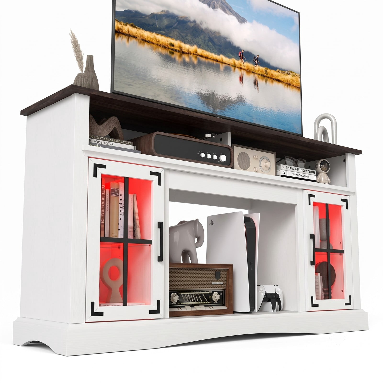 Furnibear LED TV Stand with Remote Control and App, Modern Entertainment Center for TVs up to 50 inches, Media Console with Adjustable Shelf and 2 Open, White