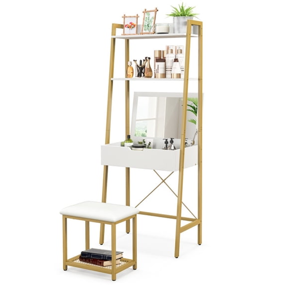 Furnibear Ladder Vanity Desk Set with Flip Top Mirror and Cushioned Stool for Bedroom Makeup Room, Gold