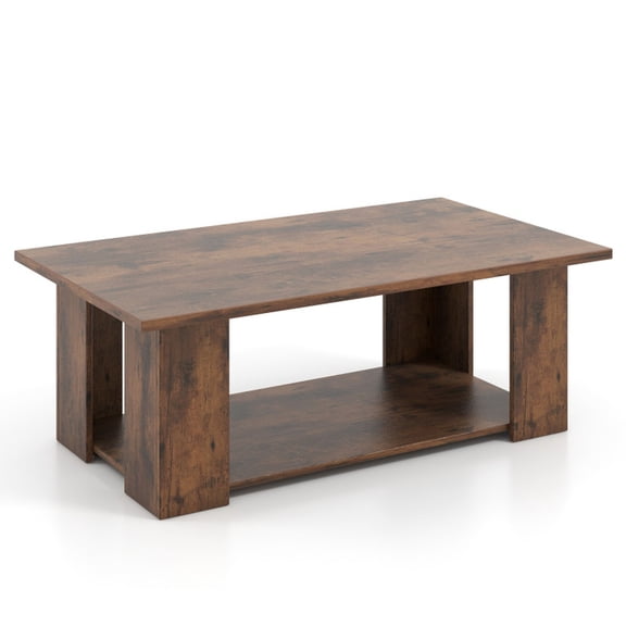 Furnibear Large 36/41 Inch 2-tier Wooden Modern Coffee Table with Storage Shelf - Rustic Brown - Living Room Cocktail Center Table