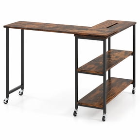 Furnibear Large 360 Degree Rotating Sofa Side Table with Lockable Wheels and Two Tier Storage Shelf for Living Room Office and Entryway, Rustic Brown