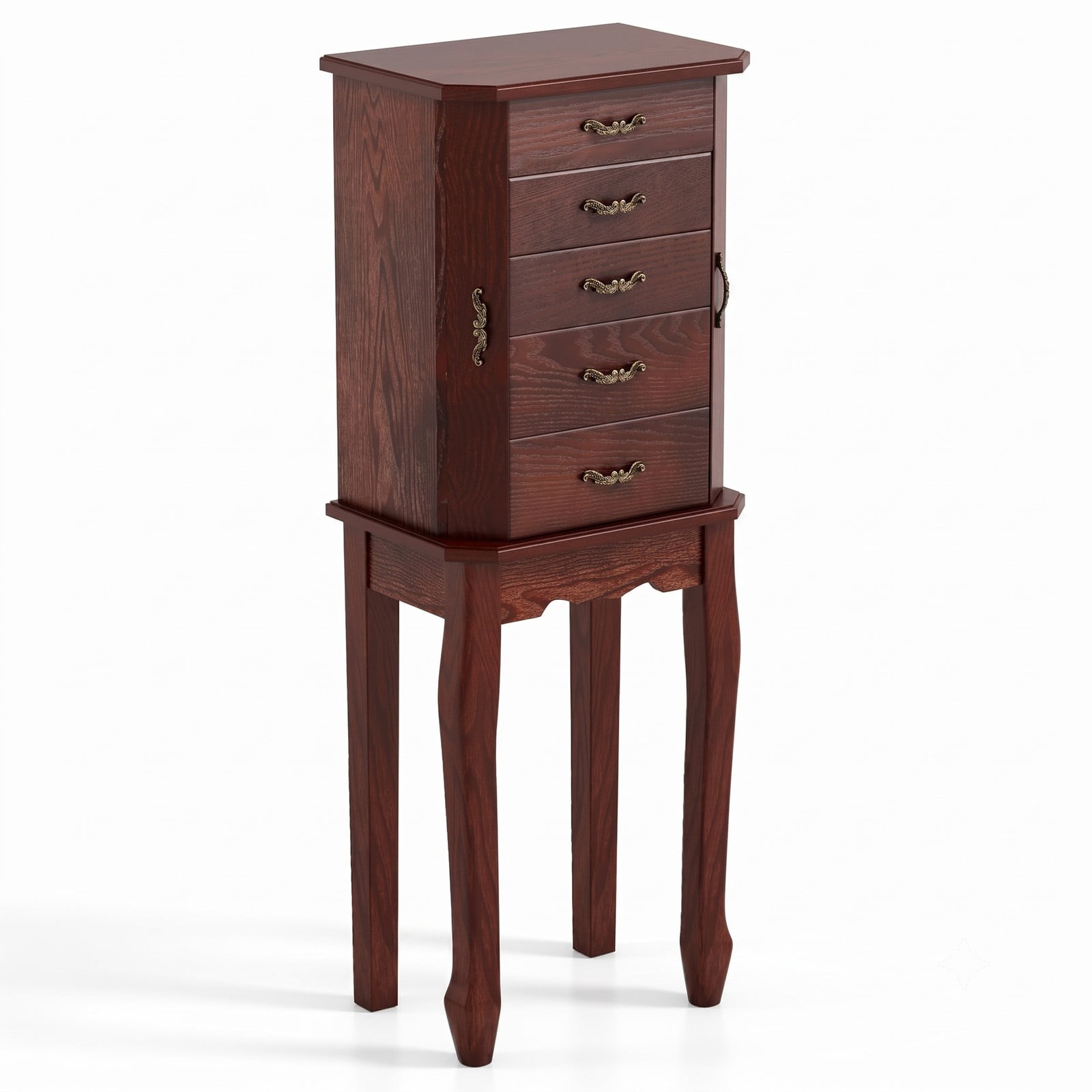 Furnibear Large Storage Capacity Freestanding Jewelry Cabinet with 5 Drawers, 2 Doors, and Top Lid Mirror for Bedroom, Walnut