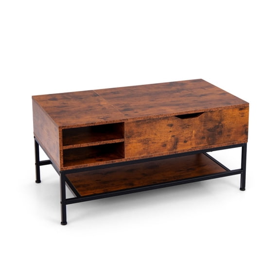 Furnibear Lift Top Coffee Table with Hidden Compartment and Removable Storage Shelf - Rustic Brown - Living Room Cocktail Center Table