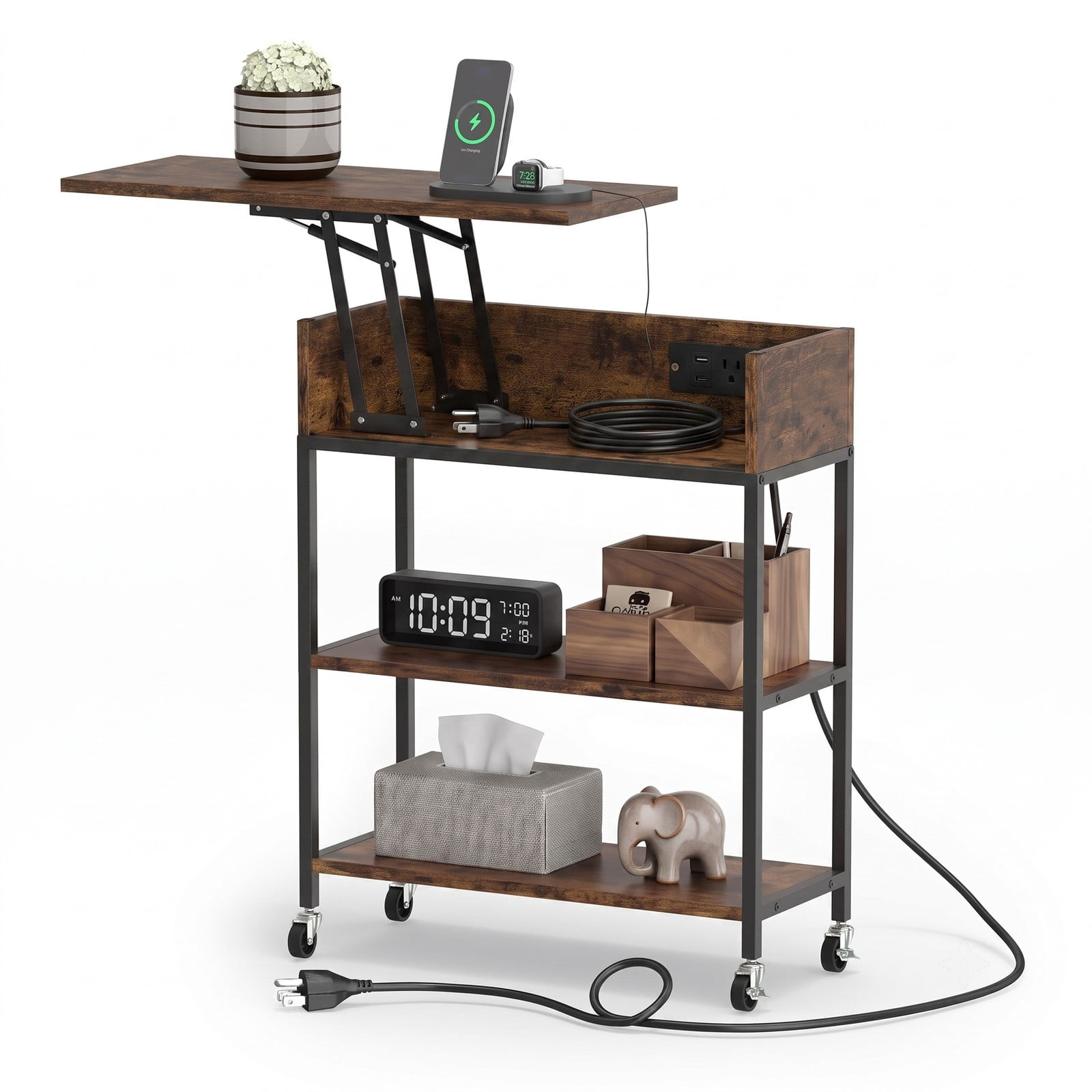 Furnibear Lift Top End Table with Charging Station and Universal Wheels, Rolling Side Table with Hidden Storage Compartment, USB & Type-C Ports, AC, Rustic Brown