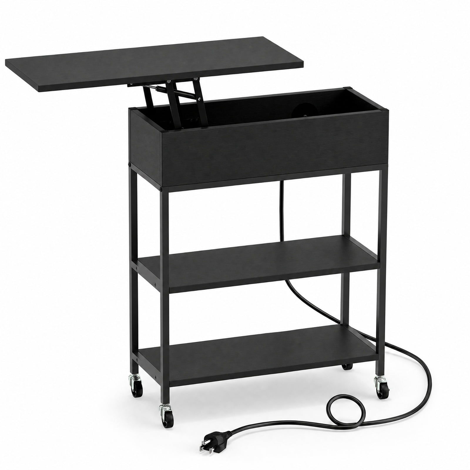 Furnibear Lift Top End Table with Charging Station Hidden Compartment and Universal Wheels for Living Room Sofa Side Narrow Spaces, Black